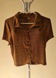 H&M Brown Velour Collared Button-Up Top