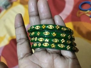 Set of 4 Green Bangles with Gold Embellishments