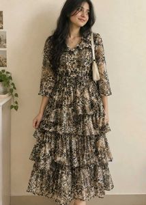 Tiered Leopard Print Midi Dress