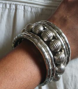 Boho Beaded Silver Tone Coil Bracelet