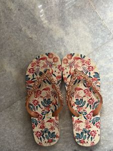 Flamingo Print Flip-Flops with Crystal Embe