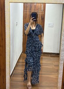 Navy Blue Polka Dot Ruffle detailing Maxi Dress