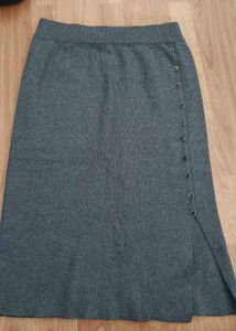 Grey Buttoned Knit Midi Skirt