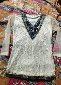 Beaded V-Neck White Lace Top.