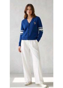 Korean Unisex Blue StripedCardigan Sweater.