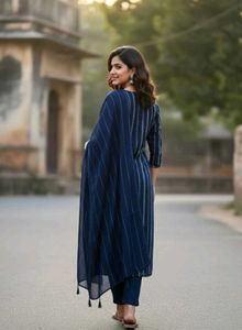 Stylish Navy Blue Striped Kurta Set