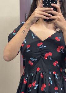 Cute Cherry Print Black Dress