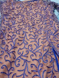 Peach Kurta Set with Blue Embroidery jacket