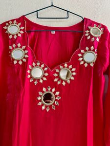 Fuschsia Pink Rich satin Mirror Work Suit pant set