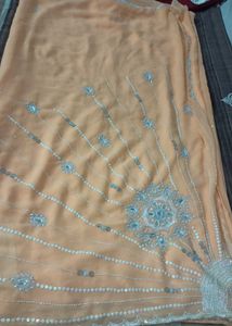 Peach Orange Saree with Silver Embroidery | Party