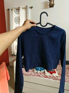 Navy Blue Long Sleeve Crop Top