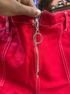 Red High-Waisted Zipper Jeans