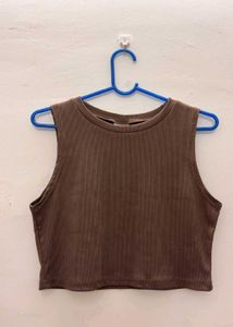 Brown Ribbed Crop Tank Top