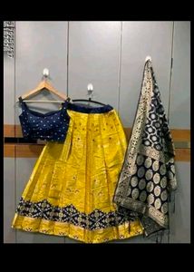 Yellow  &amp; blue Lehenga Choli with stiched Blouse
