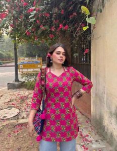 Vibrant Pink Floral Kurta with Lace Detail
