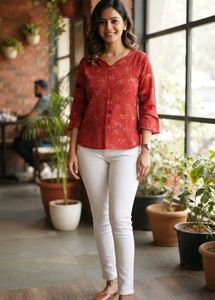 Chic Red Floral Print Kurta Top