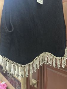 Black Crop Top with Rhinestone Fringe