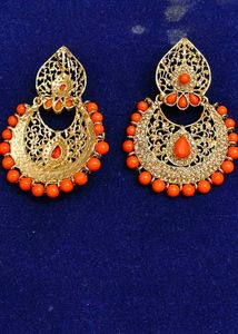 Gold Tone Orange Beaded Earrings