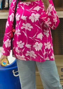 Vibrant Pink Floral Kurta with Bell Sleeves