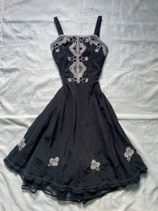 Black Embroidered Spaghetti Strap Dress