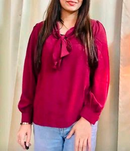 Shein Burgundy Bow Tie Neck Blouse