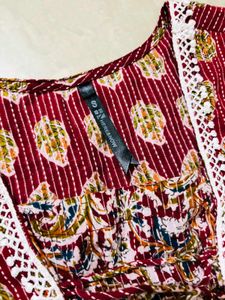 Red Printed Kurta Set with Lace Trim