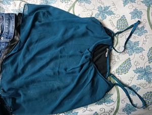 Distressed Denim Shorts &amp; Teal Camisole Set