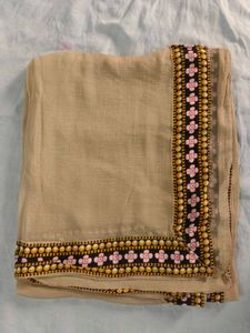 Beige And Pink Floral Printed Synthetic Suit Set