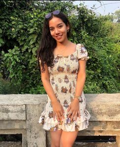 Cream Printed Smocked Puff-Sleeve Dress