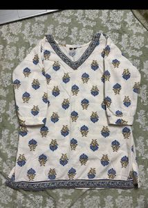 White Kurta with Blue Floral Print