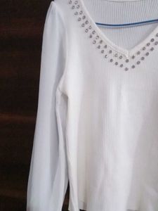 Elegant White V-Neck Studded Top