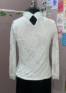 Elegant White Lace Top with Ribbon