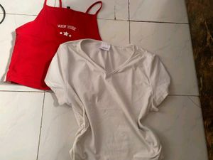 Savana White V-neck ruched top with red camisole