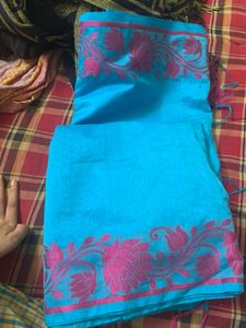 Blue Saree with Pink Floral Border without blouse