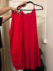 Red Kurta Set with White Dupatta