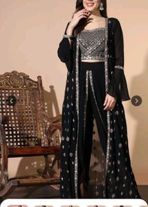 Embroidered Sleeveless Top with dhoti And Shrug