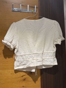 Cream Textured Tie-Front Crop Top