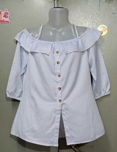 Cute Doll Collar Off-Shoulder Blue Striped Top