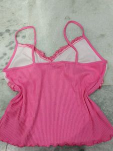 Cute Pink Ribbed Lace Trim Cami Top
