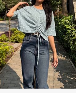 Green Checkered Cinched Top