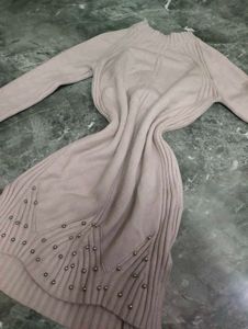 Beige Studded Knit Sweater Dress