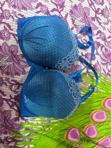 Blue Lace Trim Push-Up Bra