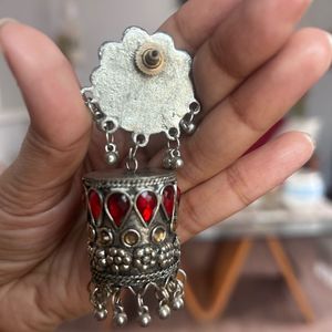 Red &amp; Silver Jhumka Earrings