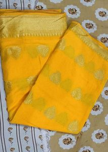 Vibrant Yellow Saree with Golden Border