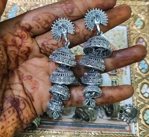 oxidised silver jhumka set 6 pairs 🦚