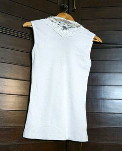 White Lace Trim  Cotton Sleeveless Top