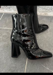 Black Patent Chunky Heel Ankle Boots