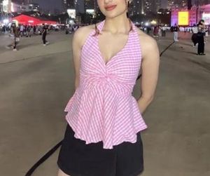 Chic Pink Gingham Halter Top