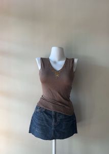 Brown V-Neck Embellished Tank Top