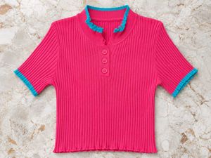Ribbed Pink Top with Blue Accents
